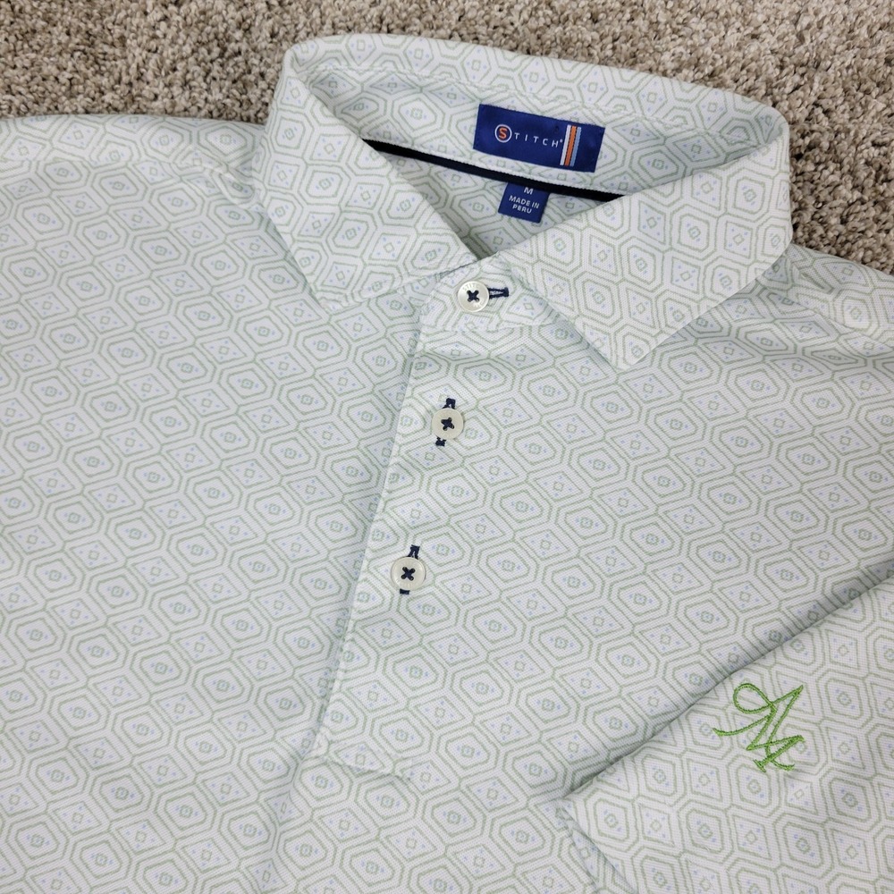 Stitch Mens Medium White Green AOP Geometric Performance Stretch Golf Polo SS